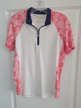 Women's San Soleil White & Red Short Sleeve Zip Polo